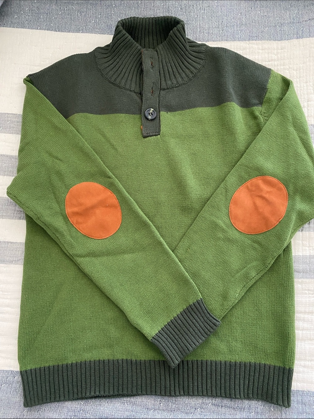 Boys Two-Tone Green Quarter-Button Sweater with Elbow Patches